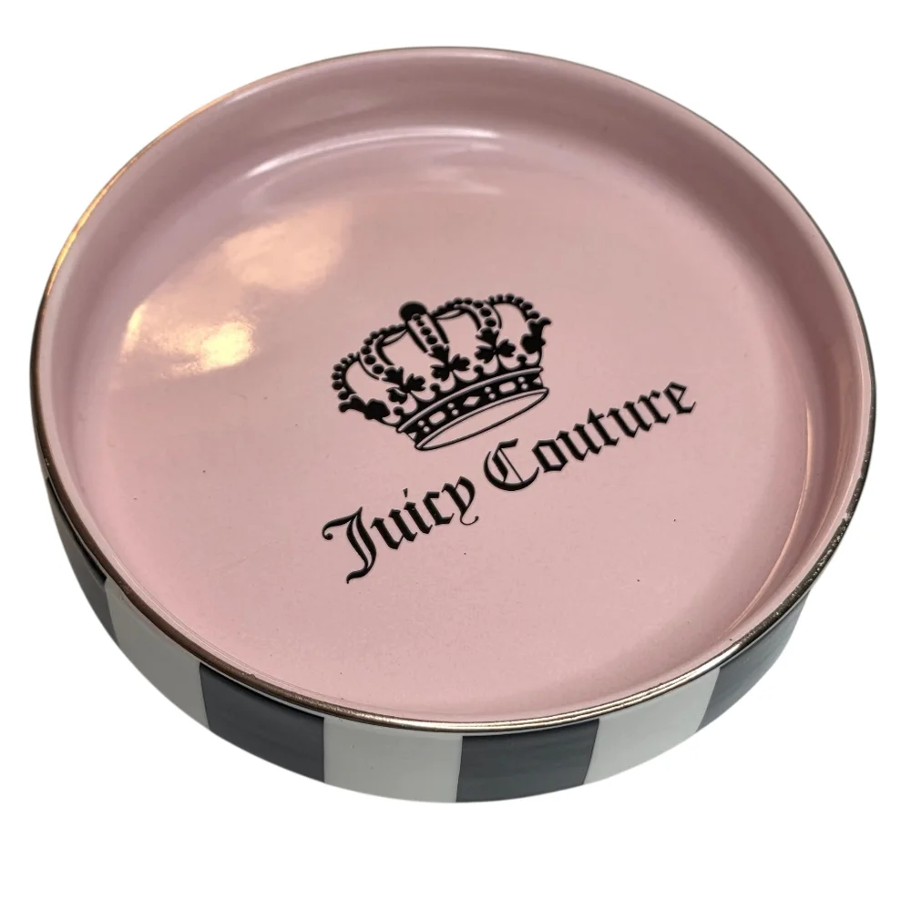 Juicy Couture Pink Crown Trinket Tray Ceramic Black & White Striped Jewelry Dish - Picture 3 of 4